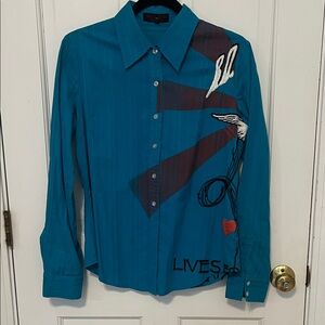 Teal Blue Graphic Button Down Shirt